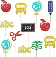 Kistreao Back to School Cupcake Toppers 24Pcs Glitter Pencil School Bus Cake Toppers Apple Book Cupcake Picks First Day of School Cake Decorations for Welcome Back Classroom Party Supplies