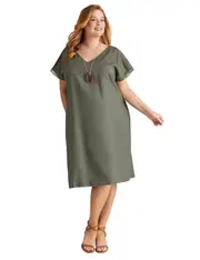 AUTOGRAPH - Plus Size - Womens Midi Dress - Green - Summer Linen Shift Dresses - Khaki - Short Sleeve - Lace Trim - Women's Clothing