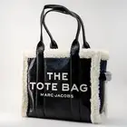 Marc Jacobs Crinkle Leather Faux Shearling Tote Bag Large Black White