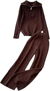 [Generic] Women's 2 Pieces Sets Lapel Neck Zipper Pullover Tops High Waist Wide Legs Pants Knit Tracksuits Dressy Lounge Sets