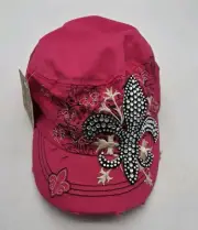 Leader LOGA Cadet Hat Cap Pink w/ Rhinestones Fleur de Lis Logo Distressed OSFM