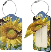 [STVYUKL] Butterflys On The Sunflowers Luggage Tags 1 for Suitcase Waterproof Leather Suitcase Tags Privacy Cover Name Id Label and Metal Loop Baggage Tags for Women Men Travel