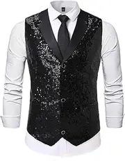 [HEYDHSDC] Men'S Shiny Sequin Decorated Black Suit Collar Sleeveless Vest For Wedding Party Stage Performance Black S