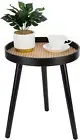 Rattan round Side Table, Black Small Accent Table, Modern Boho Bedside Mid-Cent
