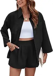 [RISCUYY] Women's Two Piece Summer Sets 3/4 Sleeve Button Lapel Collar Top and Shorts Pant Loose Matching Sets with Pockets