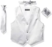 [Bhgytec] AXNY a.x.n.y Boys' 4 Piece Formal Set Combo with Tuxedo Vest, Bow Tie, and Handkerchief, Silver, 14