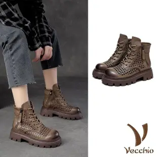 【Vecchio】真皮馬丁靴 粗跟馬丁靴/全真皮頭層牛皮縷空洞洞手工擦色粗跟馬丁靴(卡其)