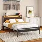 Double Bed Frame with Storage Headboard,Full Bed Frame with Charging Station and