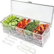 Ice Chilled 5 Compartment Condiment Server Caddy - Serving Tray Container with 5 Removable Dishes with Over 2 Cup Capacity Each and Hinged Lid | 3 Serving Spoons + 3 Tongs Included