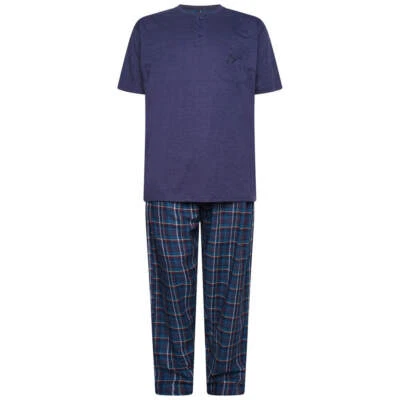 Mens Forge Loungewear Pyjamas Set in Check Pants Plain Top in Big & tall 2XL to