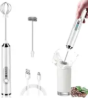 Milk Frother Rechargeable Handheld, Electric Whisk Coffee Frother Mixer with 2 Stainless whisks, 3 Speed Adjustable Foam Maker Blender, for Coffee Matcha Latte Cappuccino Hot Chocolate (White)