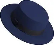 [jingsha] Classic Fedora Hat Flat Top Hat Felt Pork Pie Hat Wide Brim Church Derby Cap for Women and Men, Navy Blue, Medium