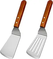 KLAQQED 2Pcs Metal Spatulas Set, Metal Spatula for Cast Iron Skillet, Cooking Utensils Fish Egg Grill Spatula Stainless Steel Slotted Spatula, Wok Flat Top Small Metal Spatula Turner with Wood Handle