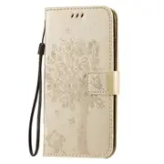 For Xiaomi Redmi 8 Tree & Cat Pattern Pressed Printing Horizontal Flip PU Leather Case with Holder & Card Slots & Wallet & Lanyard(Gold)