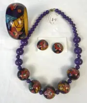 VINTAGE 80'S Painted WOOD NECKLACE, BANGLE BRACELET, & Earrings SET PURPLE