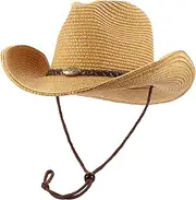 [EOZY] Western Cowboy Hat with String for Women Men Foldable Summer Sun Protection Straw Beach Hats with Wide Brim