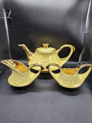 Vintage Yellow Aladdin Tea Set/Pearl China Co. 22k Gold Made in USA Mid Century