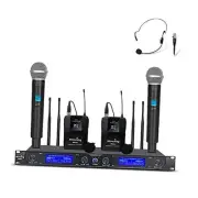 Wireless Microphone System, UHF 4-Channel Cordless Mic Set with Handheld