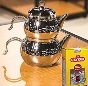 Turkish Caydanlik Teapot Tea Maker Stainless Steel Mini Size Designer Gift 500G Turkish Black Tea UK Stock