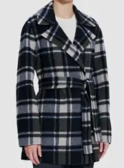 $695 Theory Women's Blue Plaid Alps Double Breasted Belted Cardigan Coat Size S