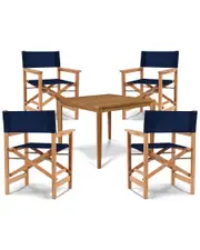 Curated Maison Cateline 5-Piece Square Teak Outdoor Dining Set With Blue Textilene Fabric