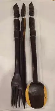 Vintage African Hand-Carved Wooden Large Spoon Fork & Knife Set 14" Tribal Decor