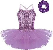 [YiZYiF] Sequin Camisole Ballet Tutu Dress for Girls Sparkly Dance Leotards Ballerina Dancewear with Scrunchy
