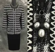 NWT NEW St John collection knit black white pearl jacket skirt suit size 12 14