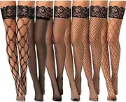 [Janmercy] 6 Pairs Women's Thigh High Stockings Anti Slip Lace Top Semi Sheer Pantyhose Over Knee Fishnet Stockings for Women