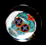LIZZIE BECK GLASS MARBLE/.958"-TURQ. DAY OF DEAD SKULL-MILLEFIORI SUGAR SKULL