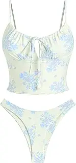 [ZAFUL] Women's Cut Out Tankini Set Tummy Control High Cut Tied Front Swimsuit Flounce Sweetheart Cheeky Bathing Suit