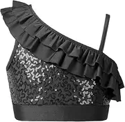 [Oyolan] Kids Girls Seuqins Crop Top Sleeveless One Shoulder Ruffle Vest Sparkle Modern Jazz Hip Hop Dance Costume