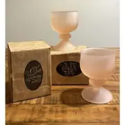 Vtge. Set of 2 TIARA Frosted PINK Leaf Pattern Candle Votive Holder/Goblets NEW