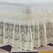 IUOUTG Wrap Around Lace Bed Skirt, Elastic Dust Ruffle with Adjustable Belts,15 Inch Drop Easy to Put On Bed Skirts with Gathered Styling and Embroidered Details