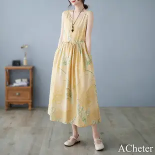 【ACheter】 芒草綠黃圓領棉麻印花無袖背心連身裙涼爽長版洋裝# 117729 XL 黃色