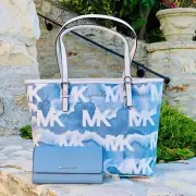 NWT MICHAEL KORS GRAPHIC TOTE JET TRAVEL TOTE HANDBAG/WALLET OPTIONS PALE BLUE