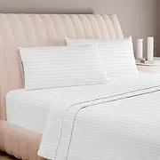 Carressa Linen Luxury Egyptian Cotton Twin Stripe Sheet Set - 600 Thread Count Extra Long Staple 3 PC Set, Crisp White Twin Damask Sheets, Soft, Cooling Sateen Weave Sheets Upto 18 in Deep Pocket