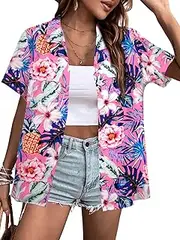 [LUKYCILD] Summer Button Up Hawaiian Shirt: Women Hawaii Shirts Soft Cool Floral Tropic Print Short Sleeve V Neck T-Shirt