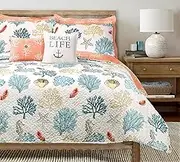 Lush Decor Coastal Reef Reversible Quilt Set, 7 Piece Set, Full/Queen, Blue & Coral - Tropical Beach Bedding Set with Throw Pillows - Coastal Quilts Queen Size - Beach House Decor