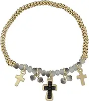 [Gypsy Jewels] Dainty Gold Tone Dangle Cross Charm Glass Beaded Stretch Bracelet - Multiple Colors