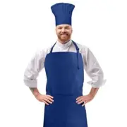 Chef Apron and Hat set, 2 Pockets Adjustable Cotton Kitchen Cooking Bib Blue