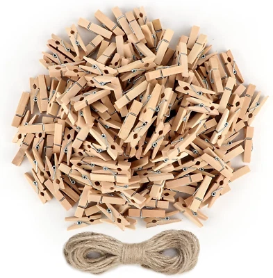 Mini Clothespins, 200 Pcs 1.4 Inch Mini Clothespins for Photos with 10M Jute Twi
