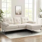 [KARRISM HOMELINEN] L-Shape Convertible Sofa with Removable Armrests, Metal Legs, and Laundry Chenille Fabric Upholstery. an Sectional Settee for Small Spaces (Vanilla White)