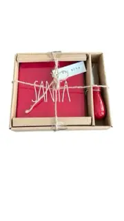 Rae Dunn “Santa” Red Ceramic Cheese Board & Knife Set 6x6” NWT