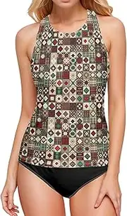 [Joisal] Tankini Swim Tops, Swim Top with Built in Bra, Twisty Checker Womens Tankini, Small