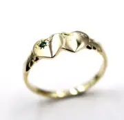 Size Z 9ct Yellow Gold Double Heart Green Emerald Signet Ring May birthstone