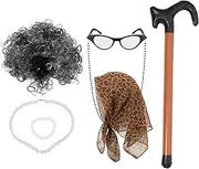 VALICLUD Old Lady Costume Set 100 Day of School Grandma Wig Foldable Crutch Granny Glasses Wig Cap Chains Grandma Accessories Grandma Cosplay Set for Girls Dress Up