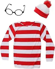[Tylity] Red and White Striped Shirt Waldo Costume Women,Funny Sweatshirt Men,Wizard Glasses Hat Suits,Halloween Cosplay Shirts