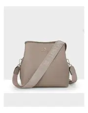 [Madison Accessories] Joanie 3 Compartment Crossbody Bucket Bag + Monogram Bag Strap in Taupe