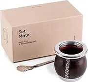 thebmate [Tiny Mate Premium Set Yerba Mate Cup - Crafted Ceramic Teacup - Brown Leather Wrapped Handmade in Uruguay - Set Mate Tiny with German Silver Bombilla Straw and Cleaning Brush (Dark Brown)